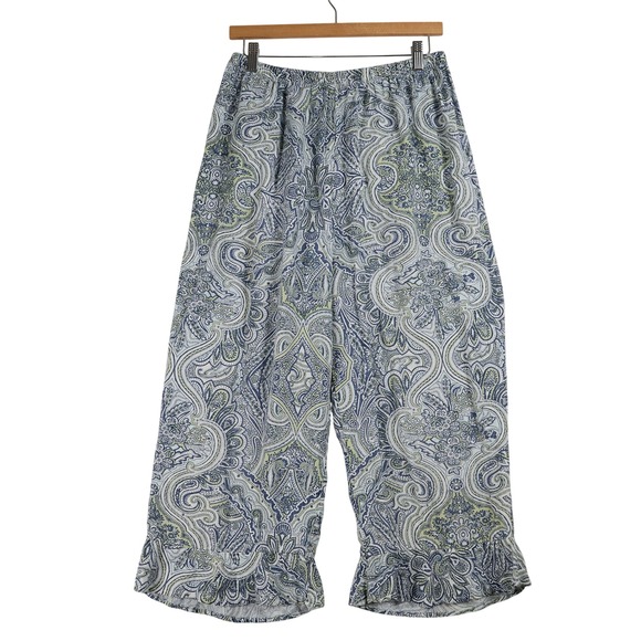 Flax Pants - Flax Womens Blue Green Paisley 100% Linen Ruffle Hem Wide Leg Cropped Pants M